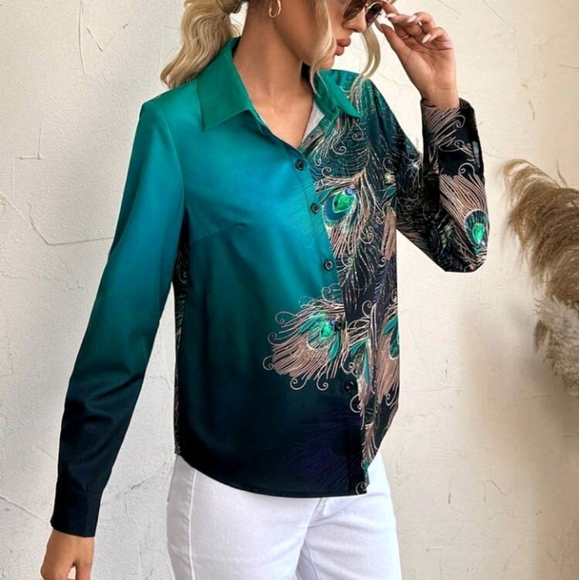 Feather Print Button Front Shirt - Picture 4 of 6